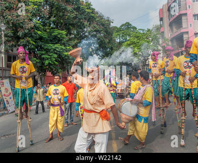 Ratha Jatra, also referred to as Rathayatra or Chariot festival is  public procession in a chariot. The term particularly refers to the annual Rathajatra in Odisha, Jharkhand, West Bengal and other East Indian states, particularly the Odia festival that involve a public procession with a chariot with deities Jagannath (Vishnu avatar), Balabhadra (his brother), Subhadra (his sister) and Sudarshana Chakra (his weapon) on a ratha, a wooden deula-shaped chariot. It attracts over a million Hindu pilgrims who join the procession each year. (Photo by Amlan Biswas/Pacific Press) Stock Photo