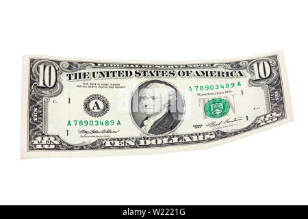 Ten dollars on white background. US money in extremely high resolution. Stock Photo