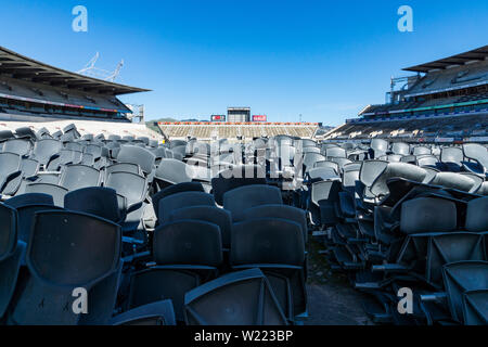 Lancaster Park stadium in Christchurch New Zealand before its demolition due to 2011 earthquake damage, showing detail of stacked seats. Stock Photo