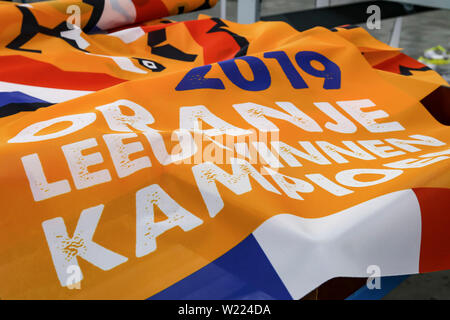 DOKKUM , 05-07-2019 , Dutchnews,    The Netherlands believes in it, the Dokkumer Vlaggen Centrale (DVC) believes in it. After the win over Sweden, the chances of the OranjeLeeuwinnen winning the 2019 World Cup are more than realistic. To underline this, the Frisian company has designed an appropriate champion flag in advance. Stock Photo