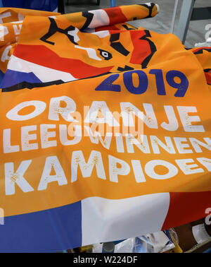 DOKKUM , 05-07-2019 , Dutchnews,    The Netherlands believes in it, the Dokkumer Vlaggen Centrale (DVC) believes in it. After the win over Sweden, the chances of the OranjeLeeuwinnen winning the 2019 World Cup are more than realistic. To underline this, the Frisian company has designed an appropriate champion flag in advance. Stock Photo