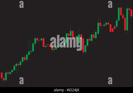 Japanese candlestick red and green chart showing uptrend market on black background Stock Vector