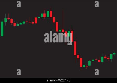 Japanese candlestick red and green chart showing downtrend market on black background Stock Vector