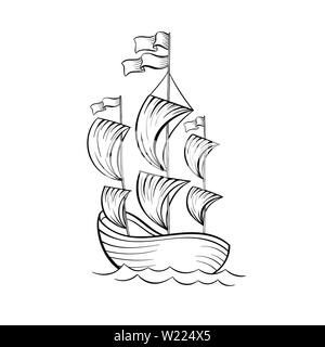 Sailboat black and white vector illustration. Ancient vessel with sails and flags sketch for coloring book. Vintage ship on waves engraving. Travel agency logo. Voyage tour poster design element Stock Vector