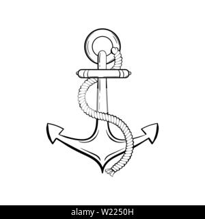 Anchor with rope black ink vector illustration. Sea boat, yacht, ship safety equipment sketch. Ancient anchor vintage engraving. Marine adventure symbol. Sailing club logo, poster design element Stock Vector