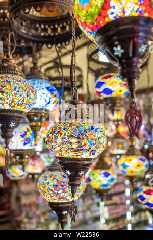 Variety of colorful turkey glass lamps for sale in Cappadocia, Turkey. Stock Photo