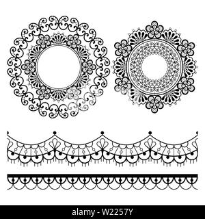 Mandala lace vector pattern, vintage round design with flowers and swirls in black on white background Stock Vector