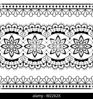 Seamless lace vector design - black and white detailed retro wedding lace pattern with flowers and swirls, symmetric ornament Stock Vector