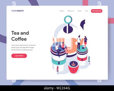 Landing page template of Tea and Coffee Illustration Concept. Isometric flat design concept of web page design for website and mobile website Stock Vector
