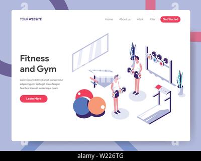 Landing page template of Fitness and Gym Illustration Concept. Isometric flat design concept of web page design for website and mobile website Stock Vector