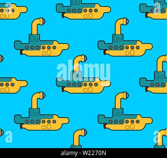 Submarine cartoon pattern seamless. Ship for underwater diving background . Vector texture Stock Vector