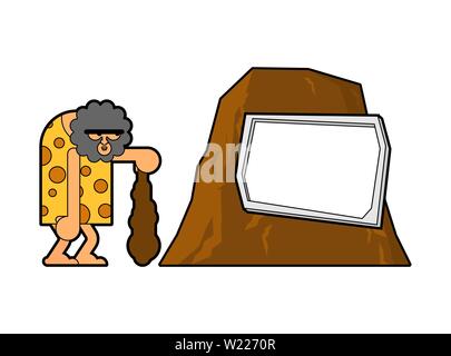 Caveman and rock. Prehistoric man and place for text. Ancient man and mountain Stock Vector