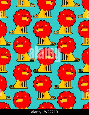 Lion pixel art pattern seamless. Cute Leo 8 bit background. Vector texture Stock Vector