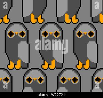 Owl pixel art pattern seamless. eagle-owl 8 bit background . Pixelate bird ornament Stock Vector