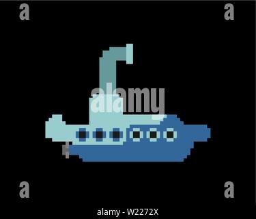 Submarine pixel art. Ship for underwater diving 8 bit. Vector illustration Stock Vector