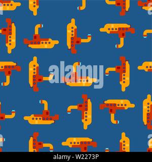Submarine cartoon pattern seamless. Ship for underwater diving background . Vector texture Stock Vector