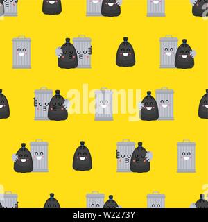 Trashcan and garbage bag pattern seamless. Trash can and black sack background. Rubbish ormanent. Vector texture Stock Vector