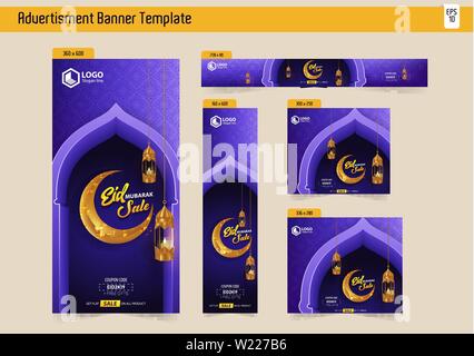 5 Eid Mubarak Sale Banner Ads Vector Template Design Pack Stock Vector