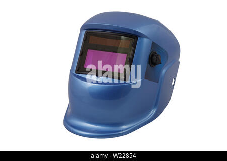Blue welding mask with chameleon glass isolated white background. Stock Photo