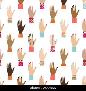 Flat seamless pattern with girl hands. Feminist background. Women's right. Racial diversity. Vector illustration. Stock Vector