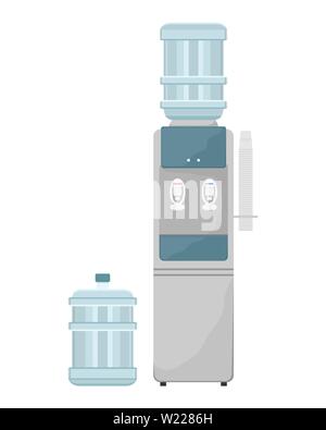 Water cooler with plastic cups. Replaceable water bottle. Clean water in the office. Flat illustration. Stock Vector
