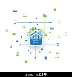 Abstract Colorful Cloud Computing, IoT, IIoT, Eco Home Network Structure, Connection, Digital Data Exchange, Cooperation, IT or Technology Concept Stock Vector