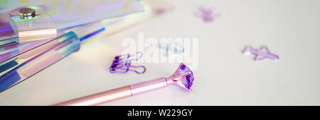 Notepad and stationery on white background. Planner for business and study. Fans of stationery BANNER, LONG FORMAT Stock Photo