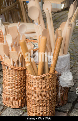 Basket weave handcrafted products on marketplace. Stock Photo
