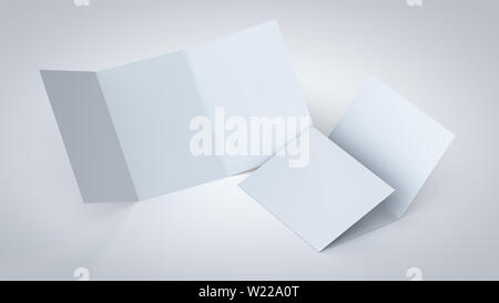 A5/A4 Blank trifold paper brochure mockup, realistic 3D illustration for corporate branding presentation, isolated on white background. Stock Photo
