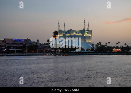 Orlando, Florida. June 15, 2019.  House of Blues and Cirque du Soleil on sunset background at Lake Buena Vista. Stock Photo