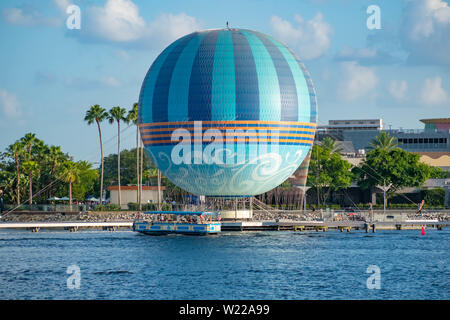 Orlando, Florida. June 15, 2019.  Panoramic view of air balloon and taxi boat in Disney Springs at Lake Buena Vista . Stock Photo