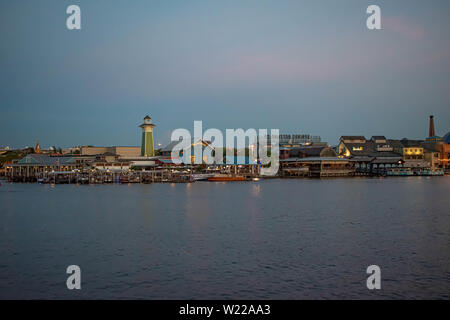 Orlando, Florida. June 15, 2019. Colorful dockside  on sunset background at Lake Buena Vista Stock Photo