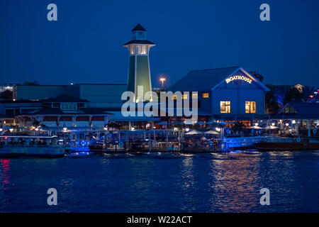 Orlando, Florida. June 15, 2019. Panoramic view of colorful dockside at blue night in Disney Springs. Stock Photo