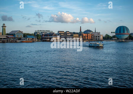 Orlando, Florida. June 15, 2019. Panoramic view of dockside and air balloon in Disney Springs at Lake Buena Vista Stock Photo