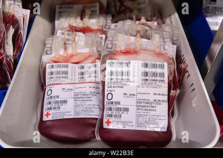 Dresden, Germany. 01st July, 2019. Blood is stored in crates in the cold storage room of the DRK blood donation service North-East. Credit: Robert Michael/dpa-Zentralbild/ZB/dpa/Alamy Live News Stock Photo