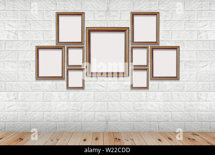 Classic blank photoe frame on white modern brick wall  in showroom and gallery. Stock Photo
