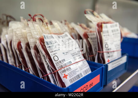Dresden, Germany. 01st July, 2019. Blood is stored in crates in the cold storage room of the DRK blood donation service North-East. Credit: Robert Michael/dpa-Zentralbild/ZB/dpa/Alamy Live News Stock Photo