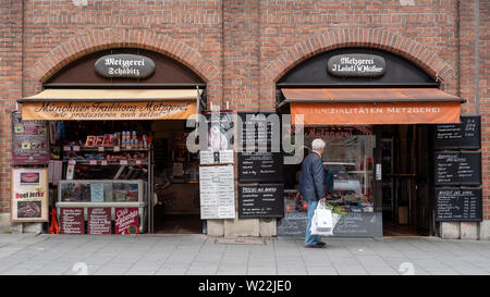 Munich, Bavaria, Germany - May 29, 2019. Facade of a store selling preserved meats at the Victuals Market