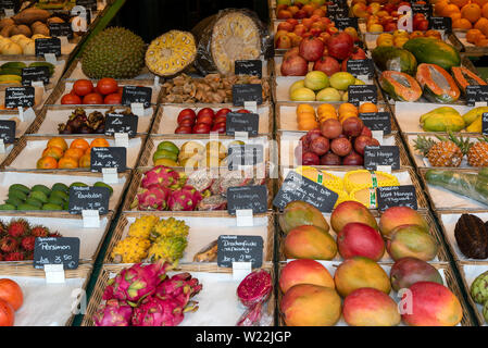 Munich, Bavaria, Germany - May 29, 2019. Tropical fruits are regularly available at the Victuals Market