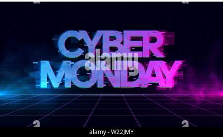 Cyber Monday Retrowave Glitch banner with blue and purple glows with smoke and particles. Stock Vector