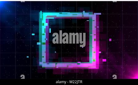 Retrowave Glitch Square with sparkling and blue and purple glows with smoke. Stock Vector