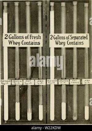 Archive image from page 22 of De Laval whey separators . De Laval whey separators ..  delavalwheysepar00dela Year: 1920  TURN WASTE INTO PROFIT In most factories the whey is left in the vat overnight. If the whey has not been separated, about three-fourths of the fat has risen to the top by morning, and when the vat is emptied, most of the fat sticks to the sides and bottom and forms a greasv, oily scum. If the cheesemaker does not promptly and thoroughly wash the vat, this scum soon becomes rancid and acts as a starter for each day's fresh whey. If it were not for this grease (fat), which wou Stock Photo