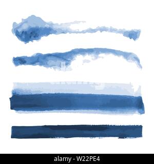 Deep blue watercolor shapes, splotches, stains, paint brush strokes. Abstract watercolor texture backgrounds set. Deep blue. Navy blue. Isolated. Stock Vector