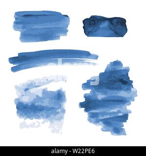 Deep blue watercolor shapes, splotches, stains, paint brush strokes. Abstract watercolor texture backgrounds set. Deep blue. Navy blue. Isolated. Stock Vector