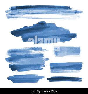 Deep blue watercolor shapes, splotches, stains, paint brush strokes. Abstract watercolor texture backgrounds set. Deep blue. Navy blue. Isolated. Stock Vector