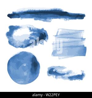 Deep blue watercolor shapes, splotches, stains, paint brush strokes. Abstract watercolor texture backgrounds set. Deep blue. Navy blue. Isolated. Stock Vector