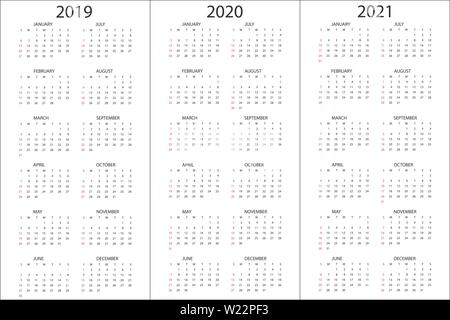 Set of Calendars 2019, 2020, 2021 years, simple design template, vertical format, week starts on Sunday Stock Vector