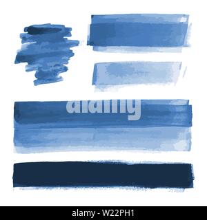 Deep blue watercolor shapes, splotches, stains, paint brush strokes. Abstract watercolor texture backgrounds set. Deep blue. Navy blue. Isolated. Stock Vector