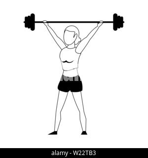 Fitness woman lifting weights isolated cartoon in black and white Stock Vector
