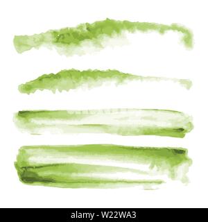 Green watercolor shapes, splotches, stains, paint brush strokes. Abstract watercolor texture backgrounds set. Isolated on white background. Stock Vector